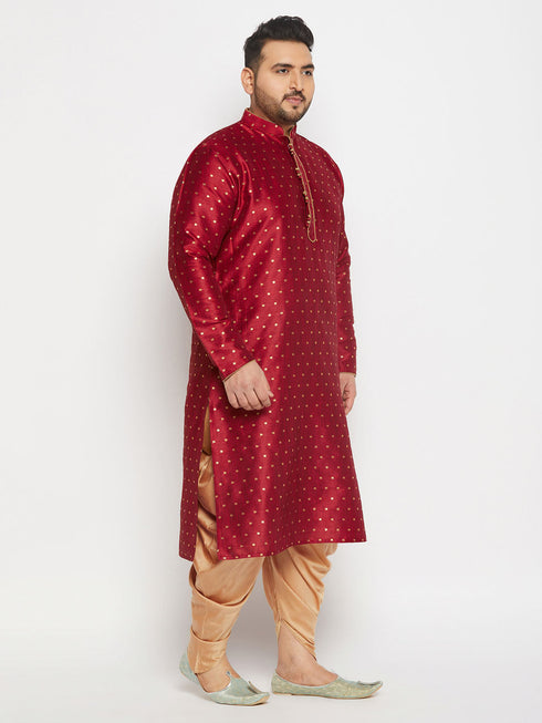 Vastramay Men's Plus Size Maroon Zari Weaved Kurta Dhoti Set